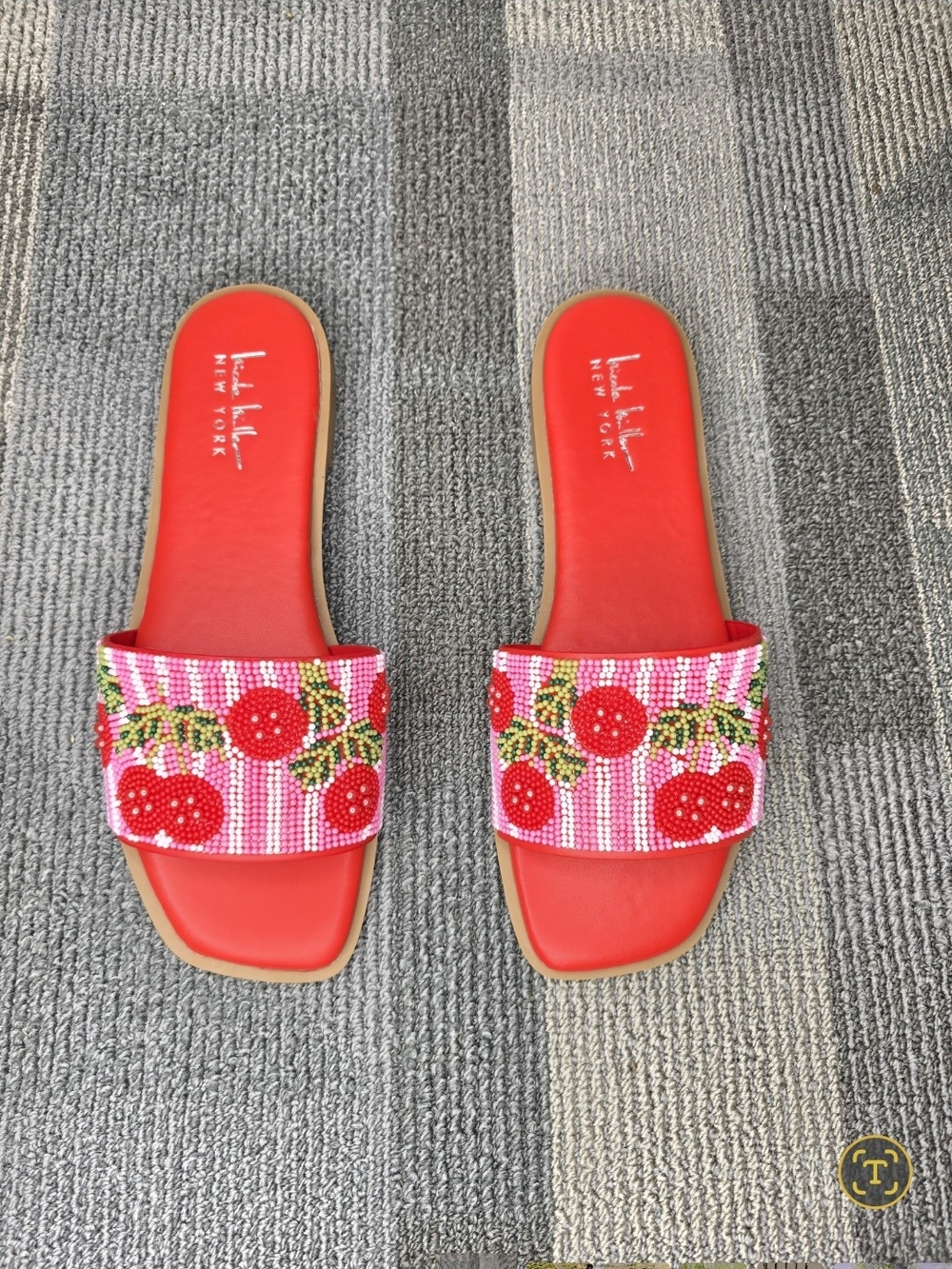 Nicole Miller Destin Red Beaded Cherry Slide Sandals NWOT